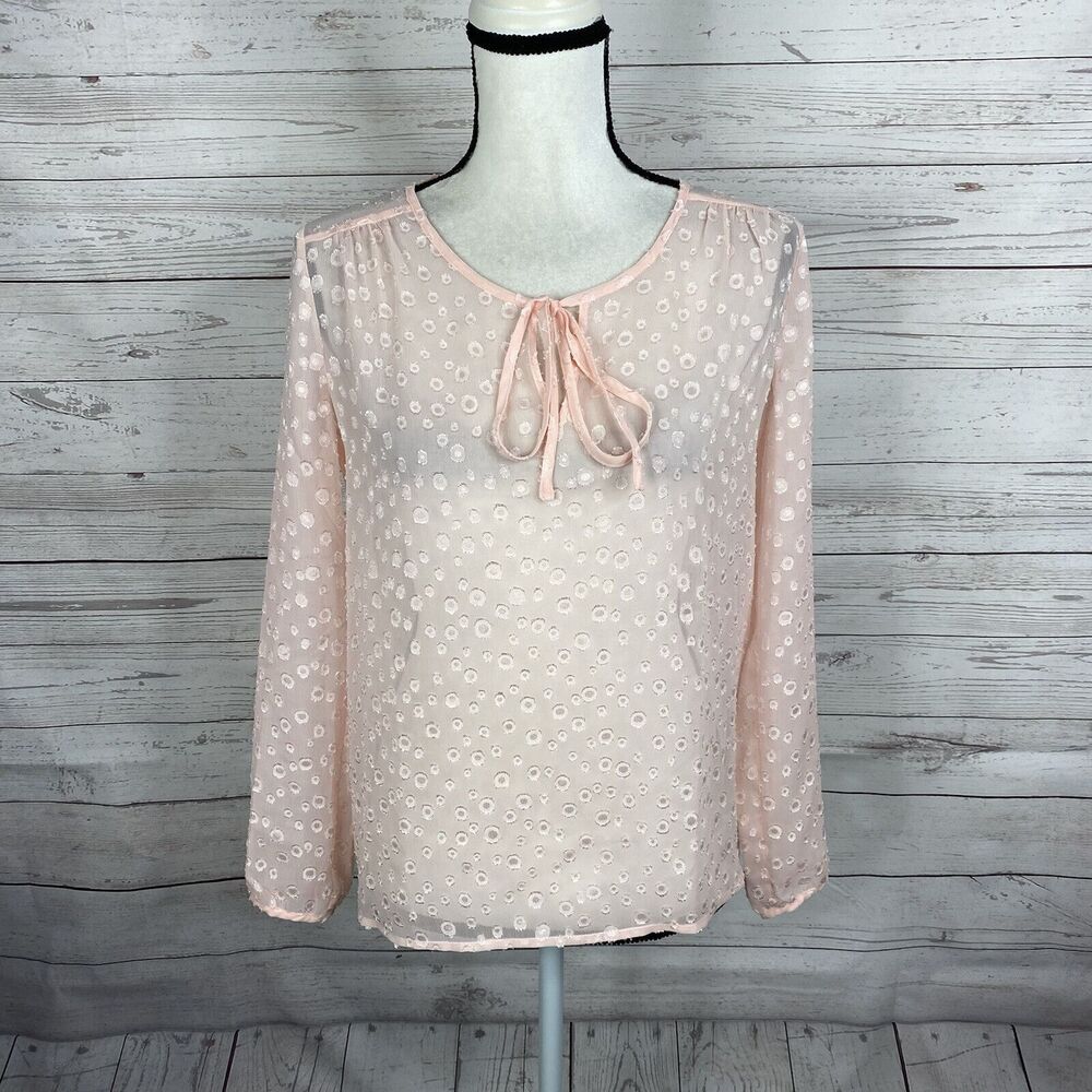 J Crew Factory Sheer Swiss Clip Dot Blouse Size XXS Light Pink Tie Neck